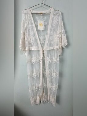 Rebellion Again Crochet Lace Floral Kimono Duster Cover Up Ethereal Festival M